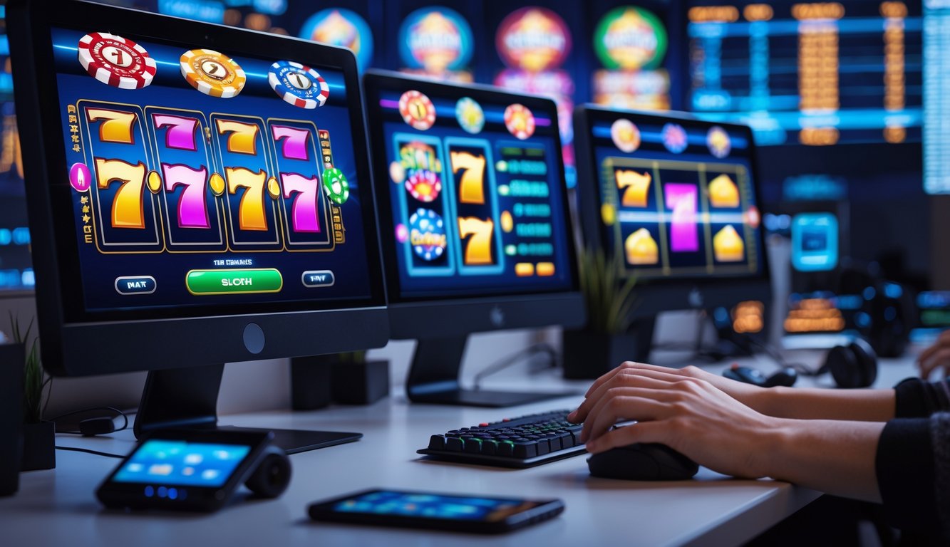 Seseorang sedang bermain permainan slot online di komputer dengan tampilan layar penuh grafis mesin slot yang berwarna-warni.
