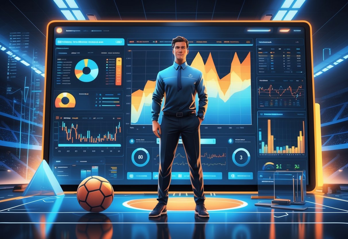 Seorang analis olahraga berdiri di depan layar digital besar yang menampilkan data dan grafik tentang pertandingan sepak bola dengan berbagai elemen taktik dan statistik di sekitarnya.