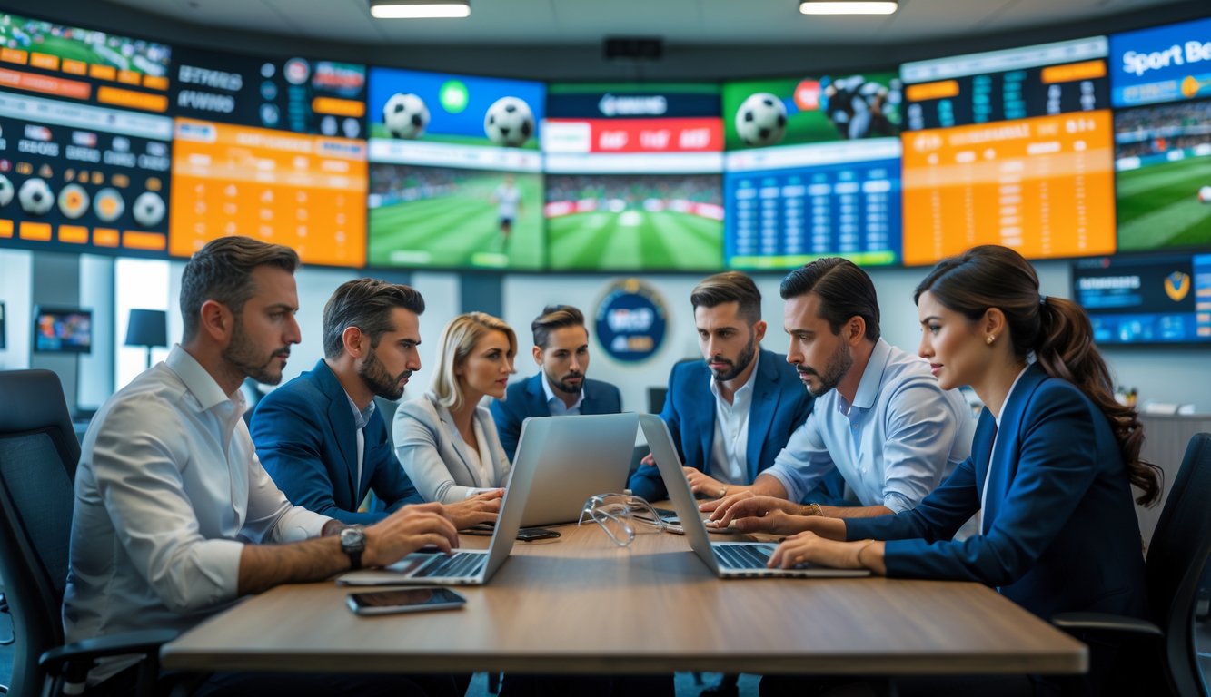Sejumlah orang sedang bekerja dan berdiskusi di ruangan modern dengan layar besar menampilkan berbagai acara olahraga.