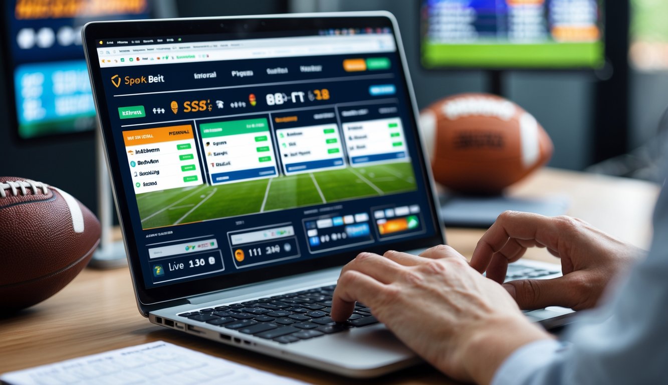 Seseorang menggunakan laptop di meja kerja dengan tampilan situs taruhan olahraga online dan beberapa peralatan olahraga di sekitar.
