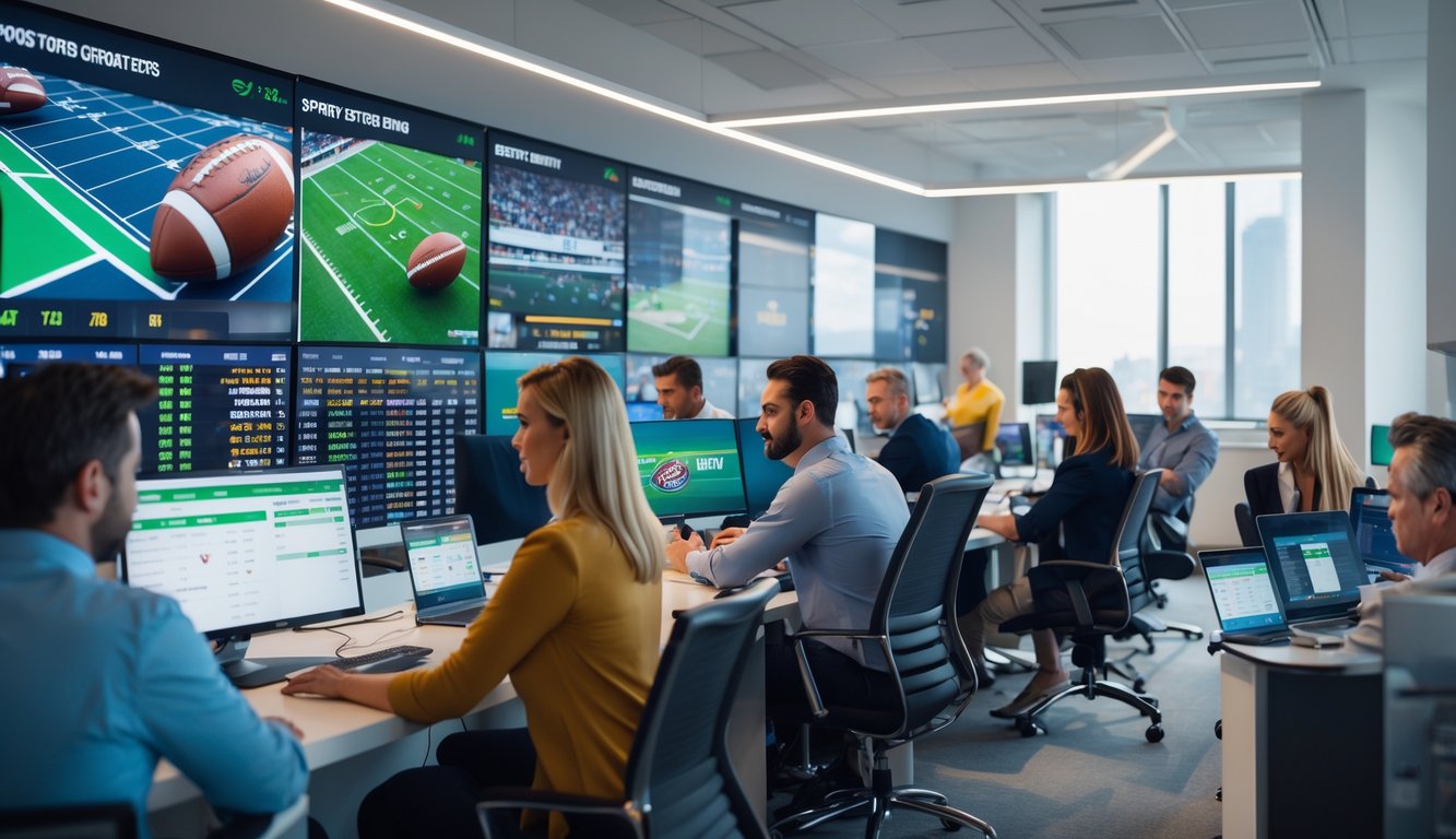 Orang-orang di kantor agen taruhan olahraga resmi sedang menggunakan komputer dan layar besar menampilkan statistik olahraga.