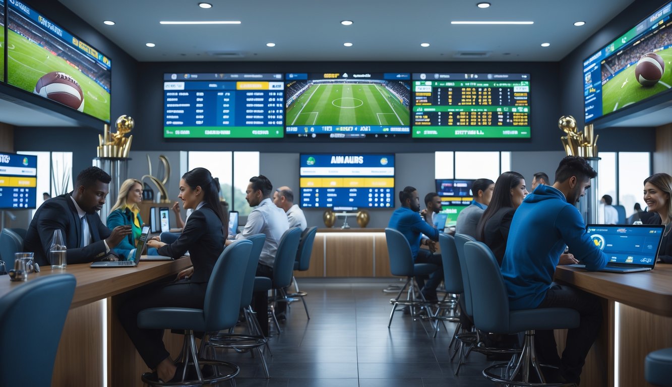 Orang-orang sedang menggunakan perangkat elektronik untuk memasang taruhan pada pertandingan sepak bola dan olahraga lainnya di sebuah ruangan modern dengan layar besar menampilkan pertandingan langsung.