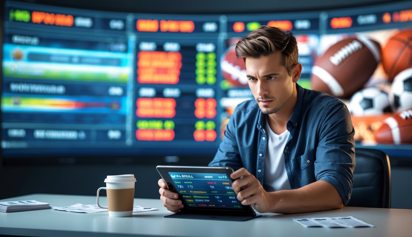 Seorang pria muda sedang melihat tablet dengan layar digital besar menampilkan berbagai acara olahraga dan peluang taruhan.
