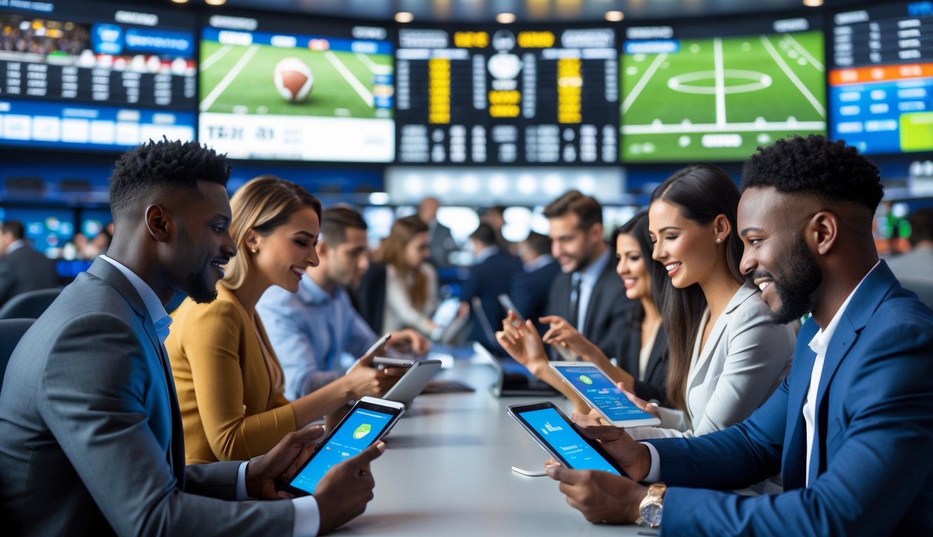 Seorang kelompok orang sedang memasang taruhan olahraga di sebuah ruang sportsbook modern dengan layar besar yang menampilkan berbagai pertandingan olahraga.