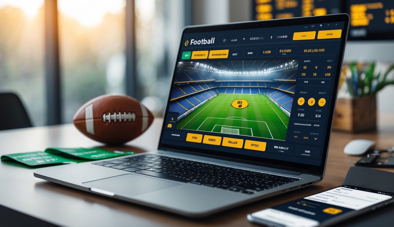 Seorang pria menggunakan laptop dengan tampilan platform taruhan sepak bola online di layar, di meja terdapat bola sepak dan ponsel dengan aplikasi taruhan terbuka.