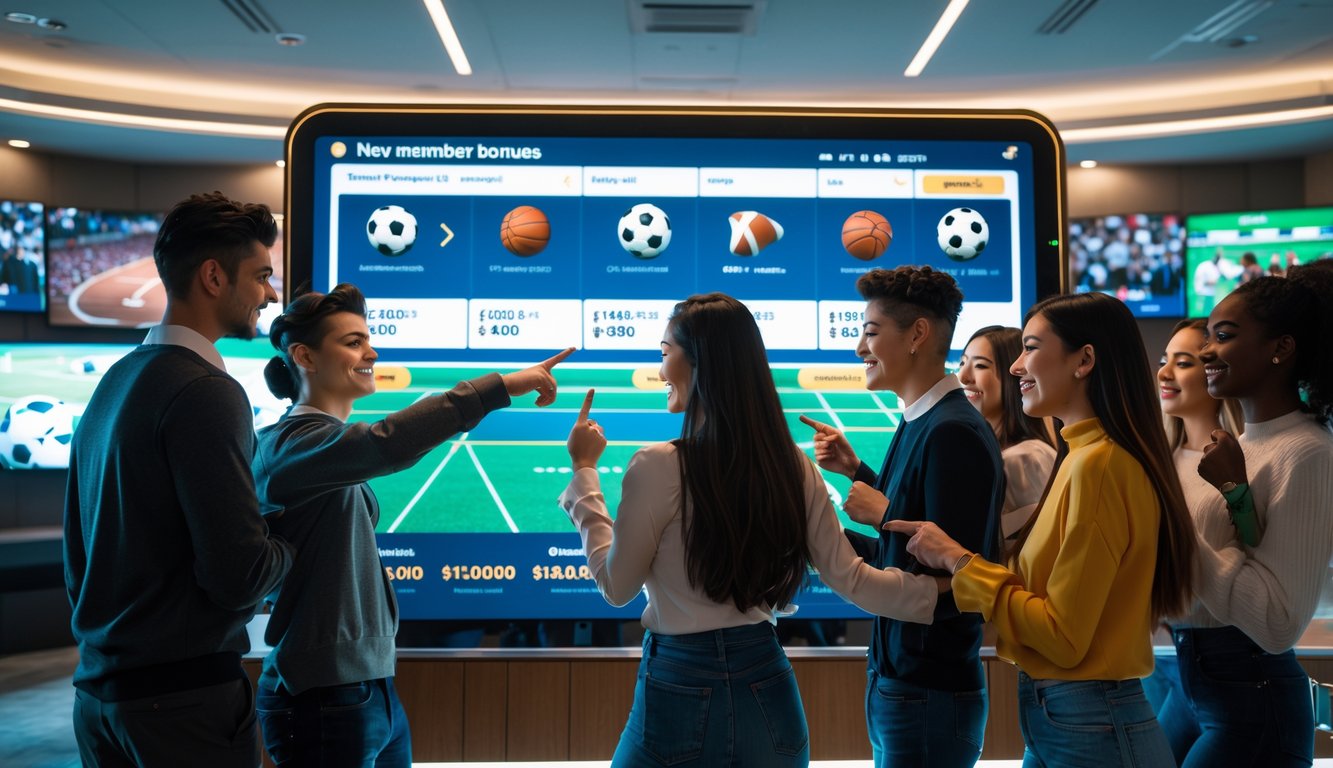 Sekelompok orang muda berkumpul di sekitar layar digital yang menampilkan berbagai olahraga dan bonus taruhan, terlihat antusias dan berdiskusi dalam suasana modern dan nyaman.