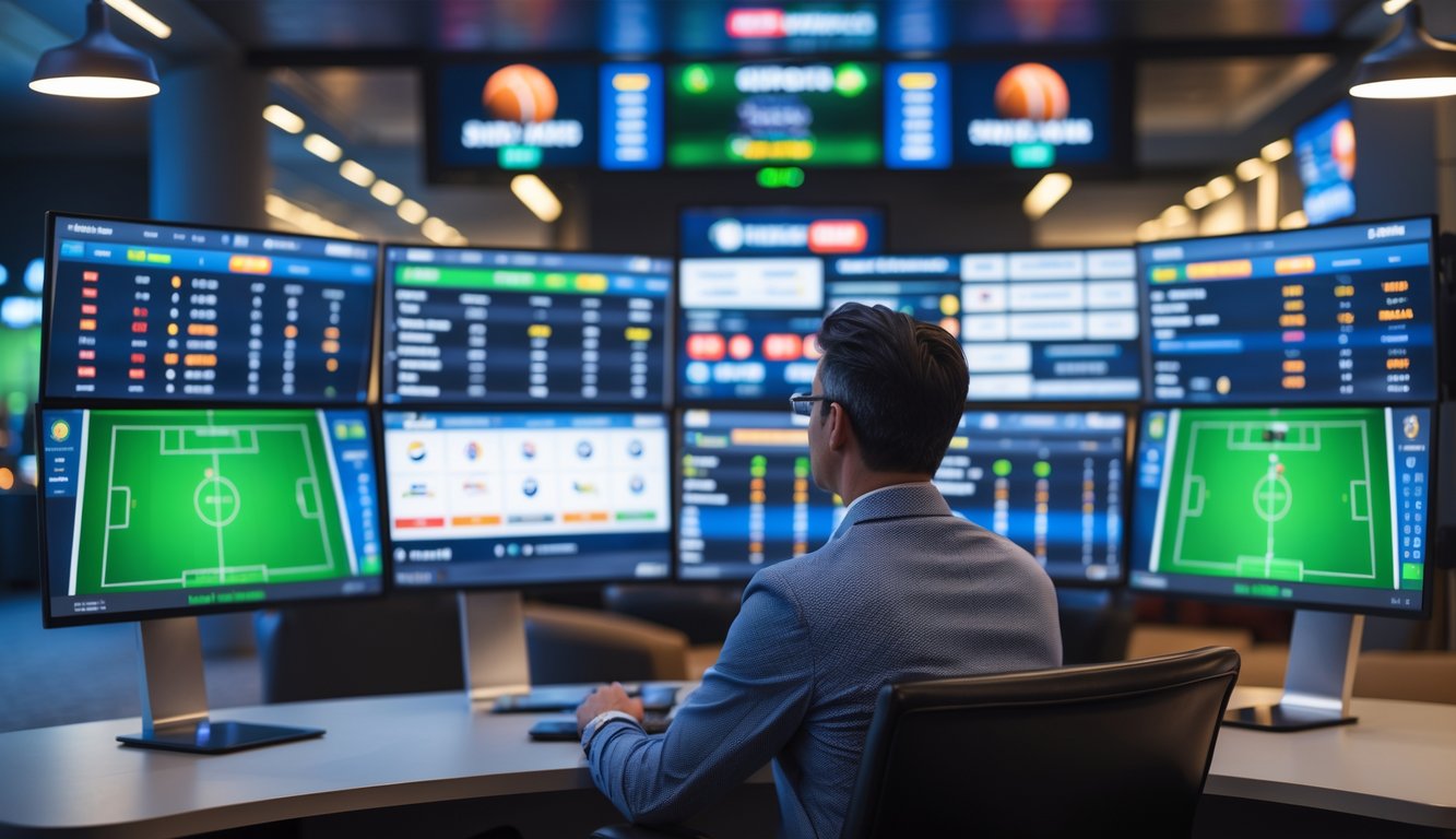 Seseorang duduk di depan beberapa layar yang menampilkan pertandingan olahraga langsung dan statistik taruhan.