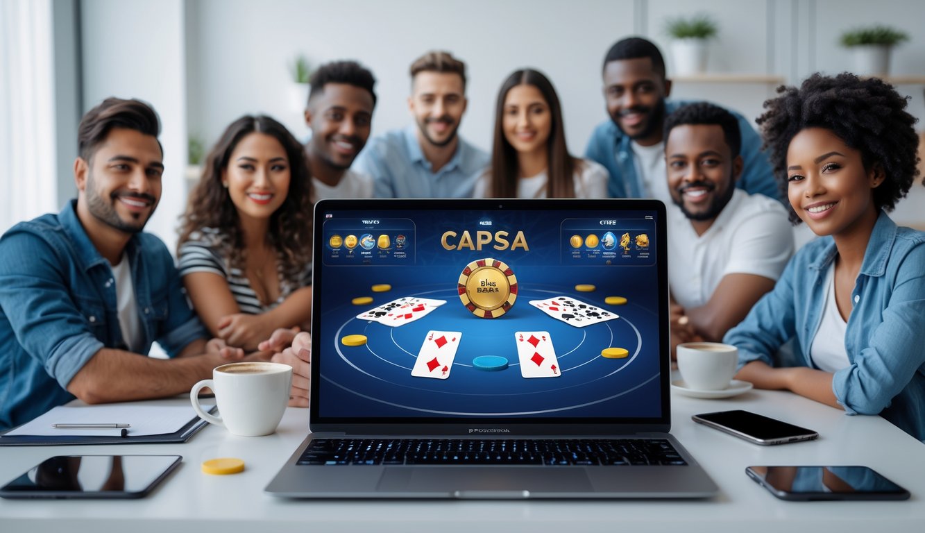 Orang-orang berkumpul di sekitar laptop yang menampilkan permainan kartu online dengan suasana profesional dan percaya.