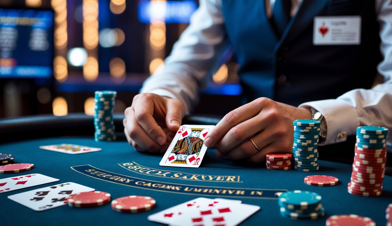 Meja judi kartu resmi dengan dealer yang sedang membagikan kartu di lingkungan yang aman dan profesional.