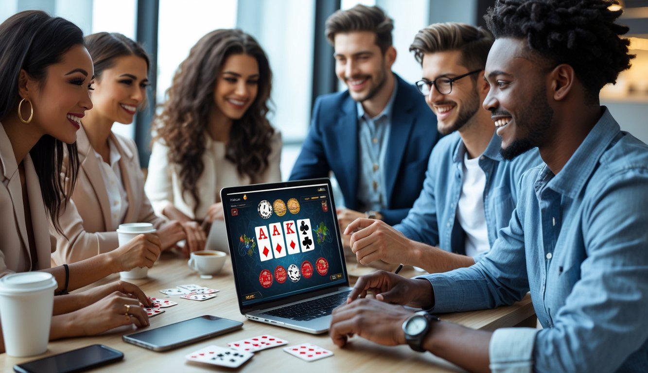 Sekelompok orang muda bermain permainan kartu secara online di sebuah ruang kerja modern dengan laptop dan aksesori meja.