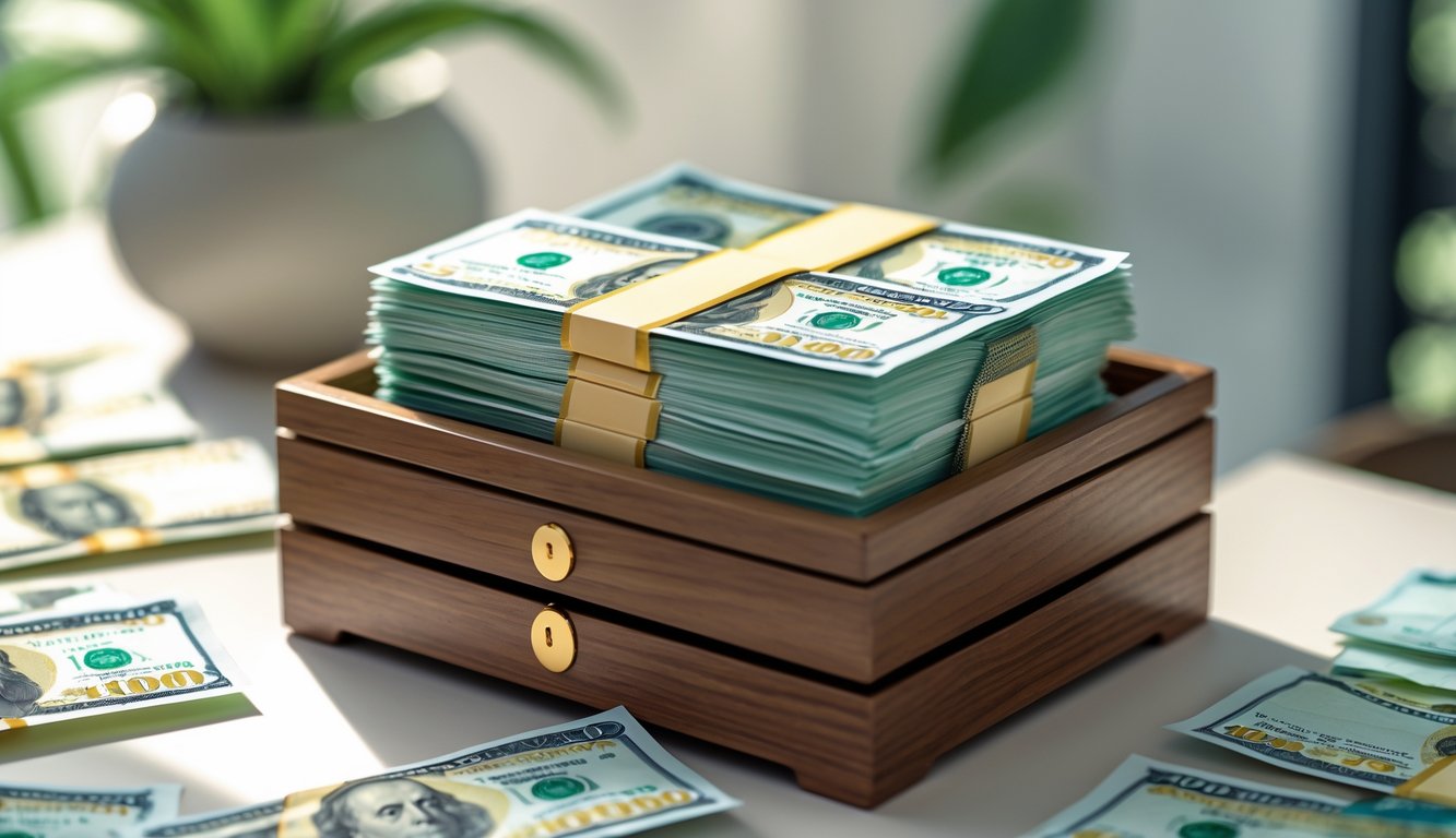 Tumpukan uang rupiah asli yang tersusun rapi dalam kotak kayu dengan beberapa kompartemen.