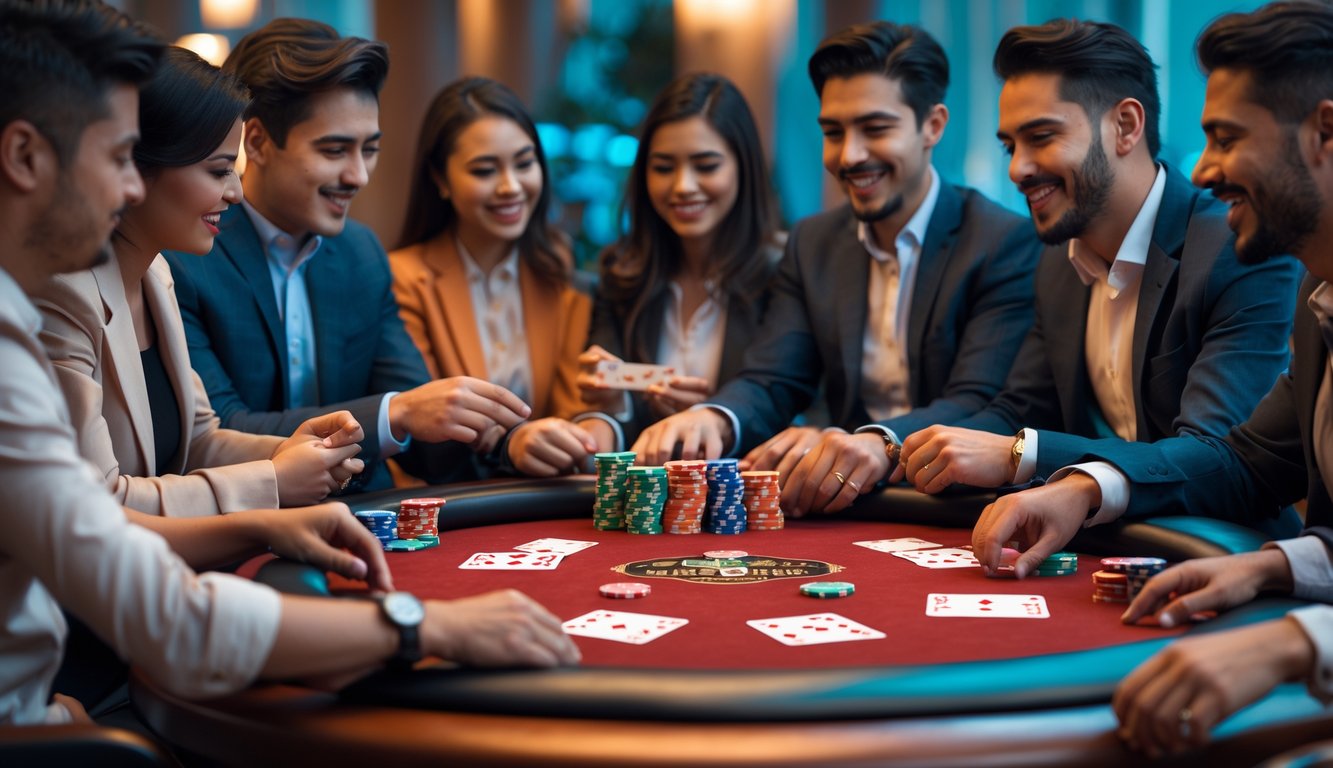 Sekelompok orang bermain kartu Capsa Gacor di meja poker dengan suasana hangat dan fokus.