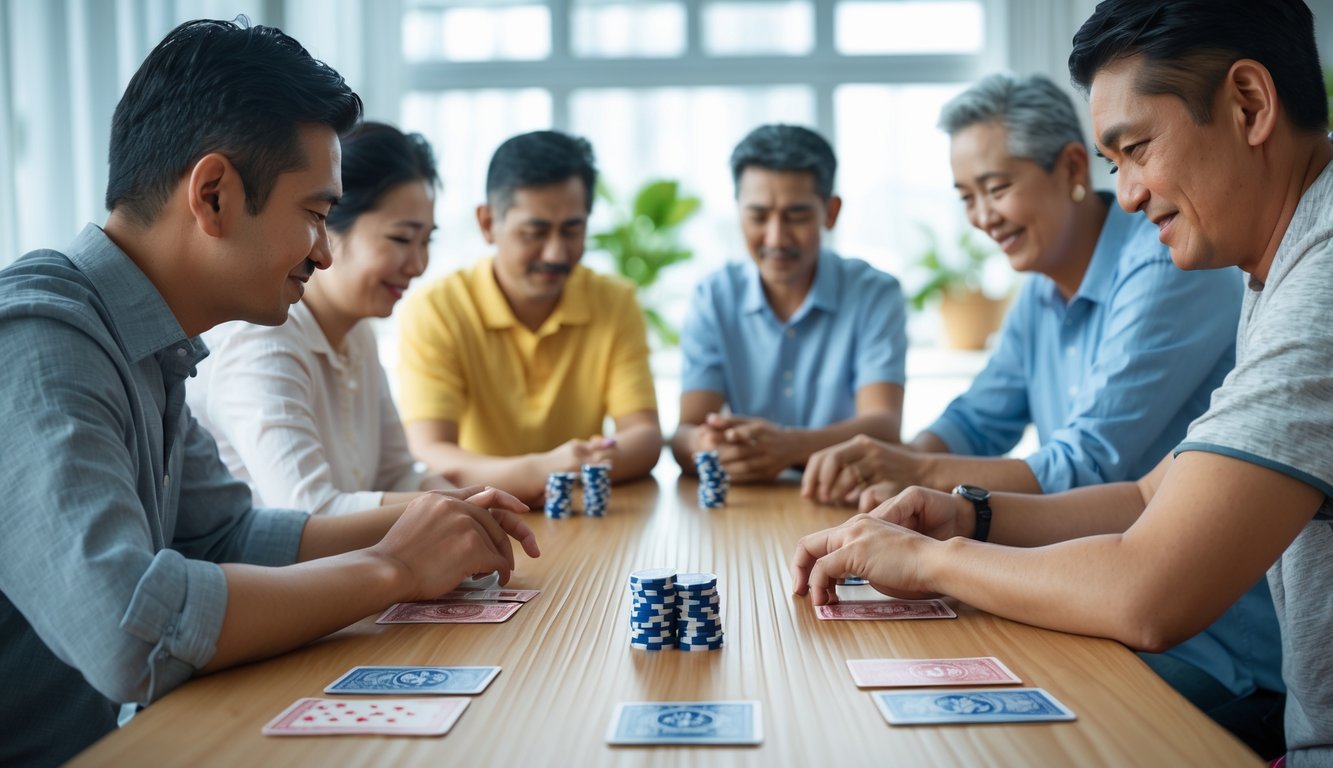 Sekelompok orang sedang bermain Capsa Susun di meja kayu dengan suasana cerah dan fokus pada permainan kartu.