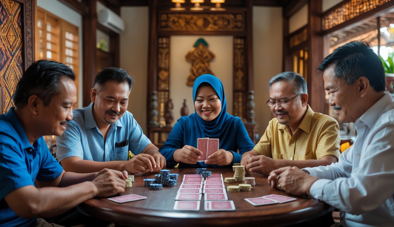 Sekelompok orang dewasa Indonesia duduk mengelilingi meja kayu bermain kartu Bandar Capsa dengan ekspresi serius dan bersahabat.