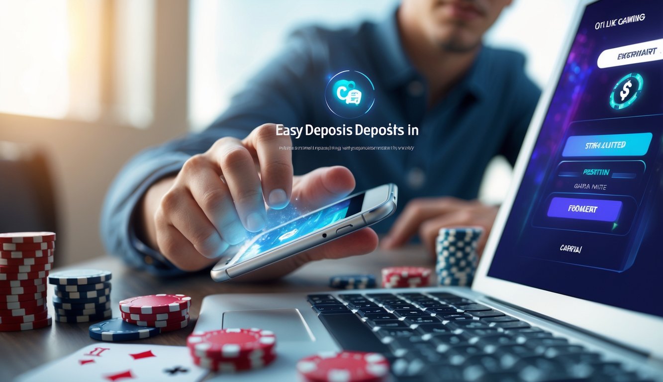Seseorang menggunakan ponsel atau laptop untuk melakukan deposit mudah pada situs Capsa dengan latar belakang elemen permainan kartu dan chip poker.