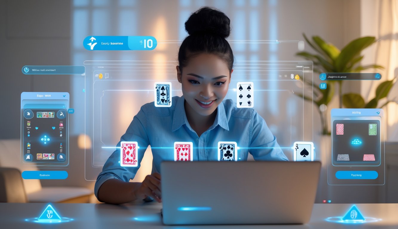 Seorang pemain serius menggunakan laptop untuk bermain Capsa Online di ruangan modern yang terang.