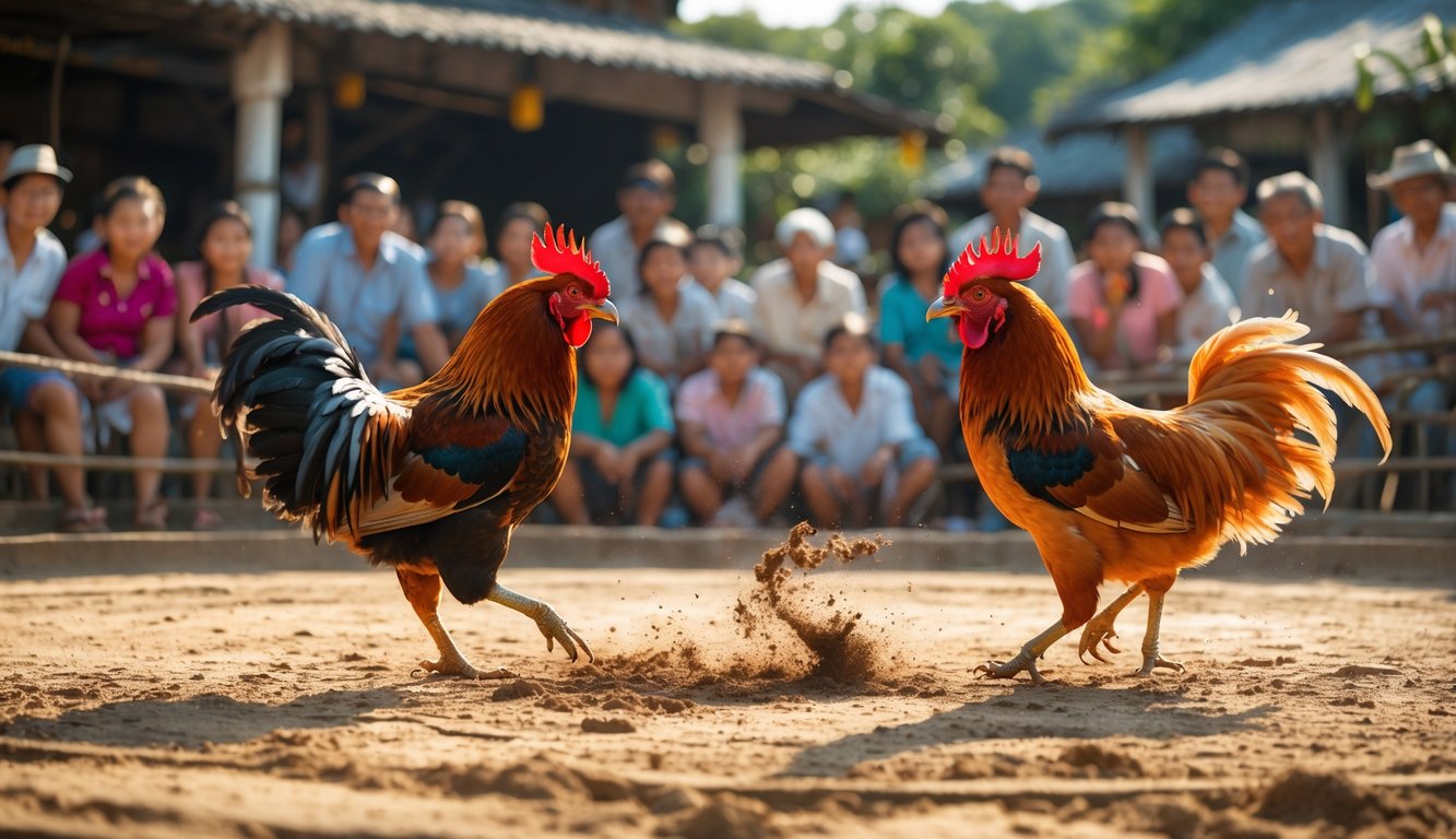 Arena sabung ayam tradisional dengan dua ayam jantan bertarung di tengah dikelilingi oleh penonton yang antusias.