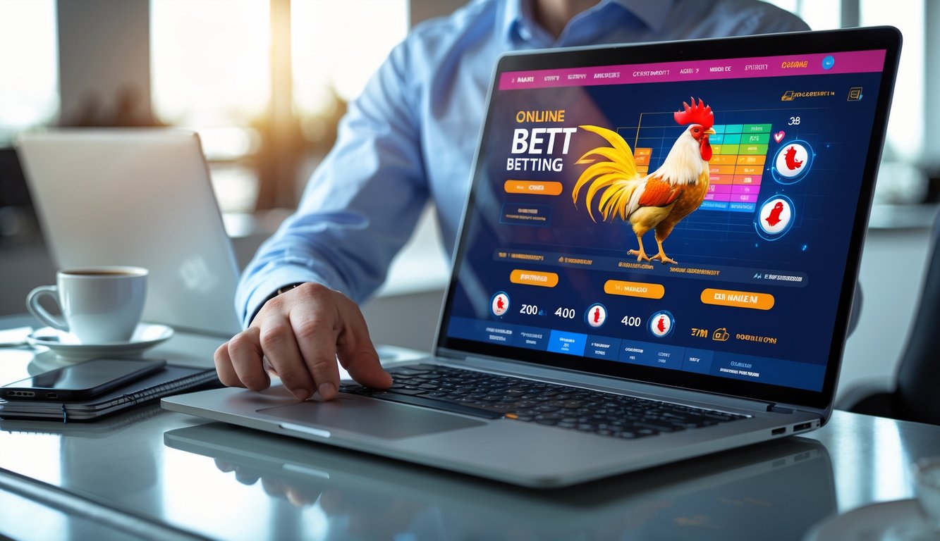 Seorang profesional menggunakan laptop di meja kerja dengan tampilan antarmuka taruhan sabung ayam online di layar.