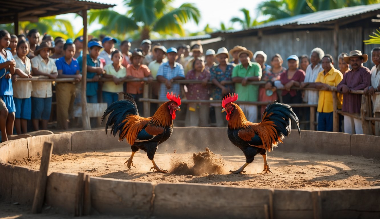 Sekelompok orang mengamati dua ayam aduan bertarung di arena luar ruangan dengan latar pepohonan dan pagar kayu.