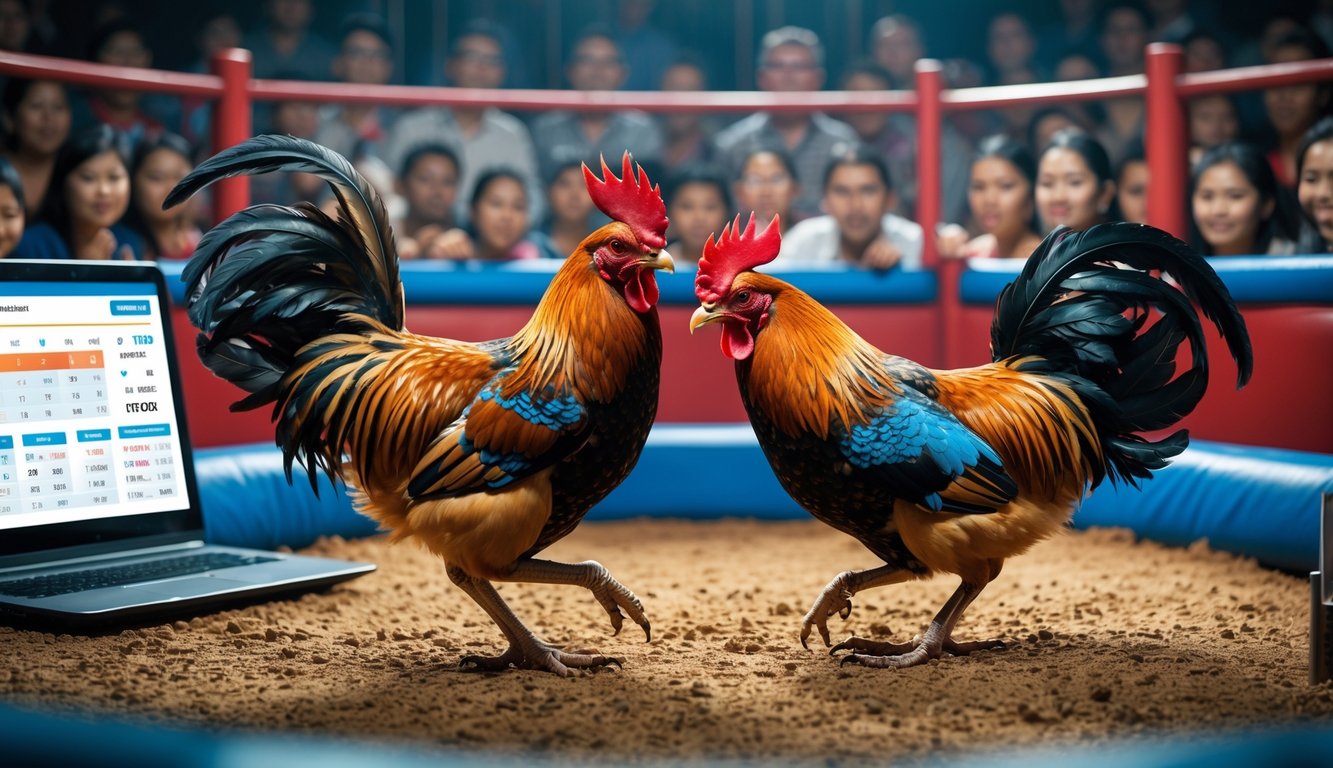 Dua ayam bertarung dalam arena sabung ayam dengan penonton yang memperhatikan dan perangkat elektronik di meja dekat mereka.