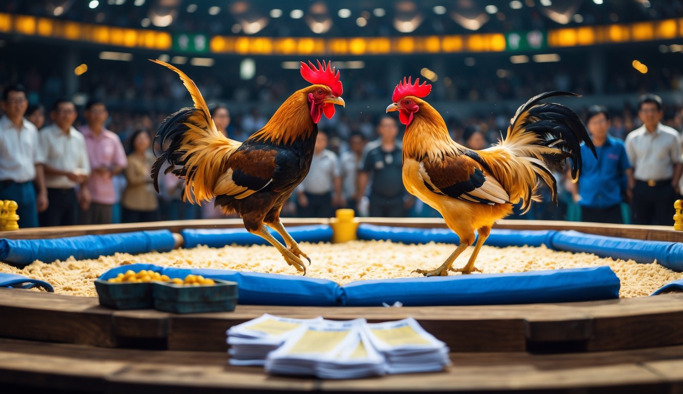 Arena sabung ayam dengan dua ayam aduan sedang bertarung dan penonton yang antusias menyaksikan di sekitarnya.