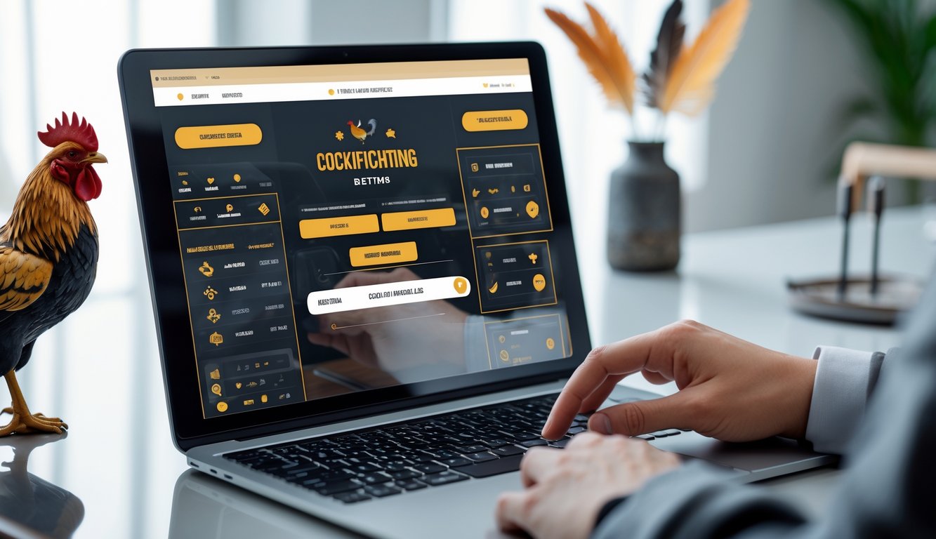 Seseorang menggunakan laptop untuk memasang taruhan sabung ayam secara online di ruang kerja yang rapi.