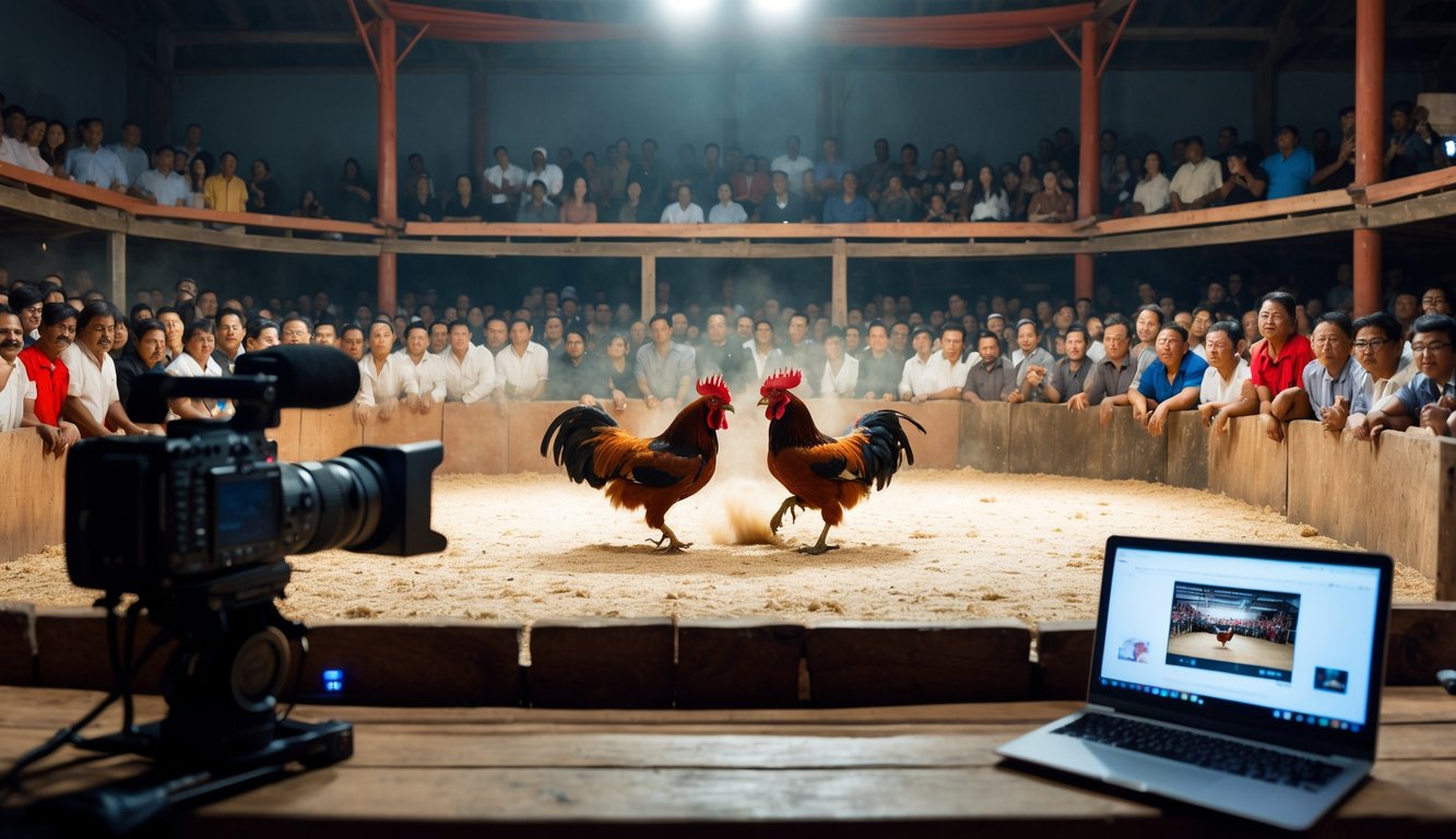 Suasana pertandingan sabung ayam dengan dua ayam aduan di arena dan penonton yang antusias, serta peralatan streaming modern di depan.