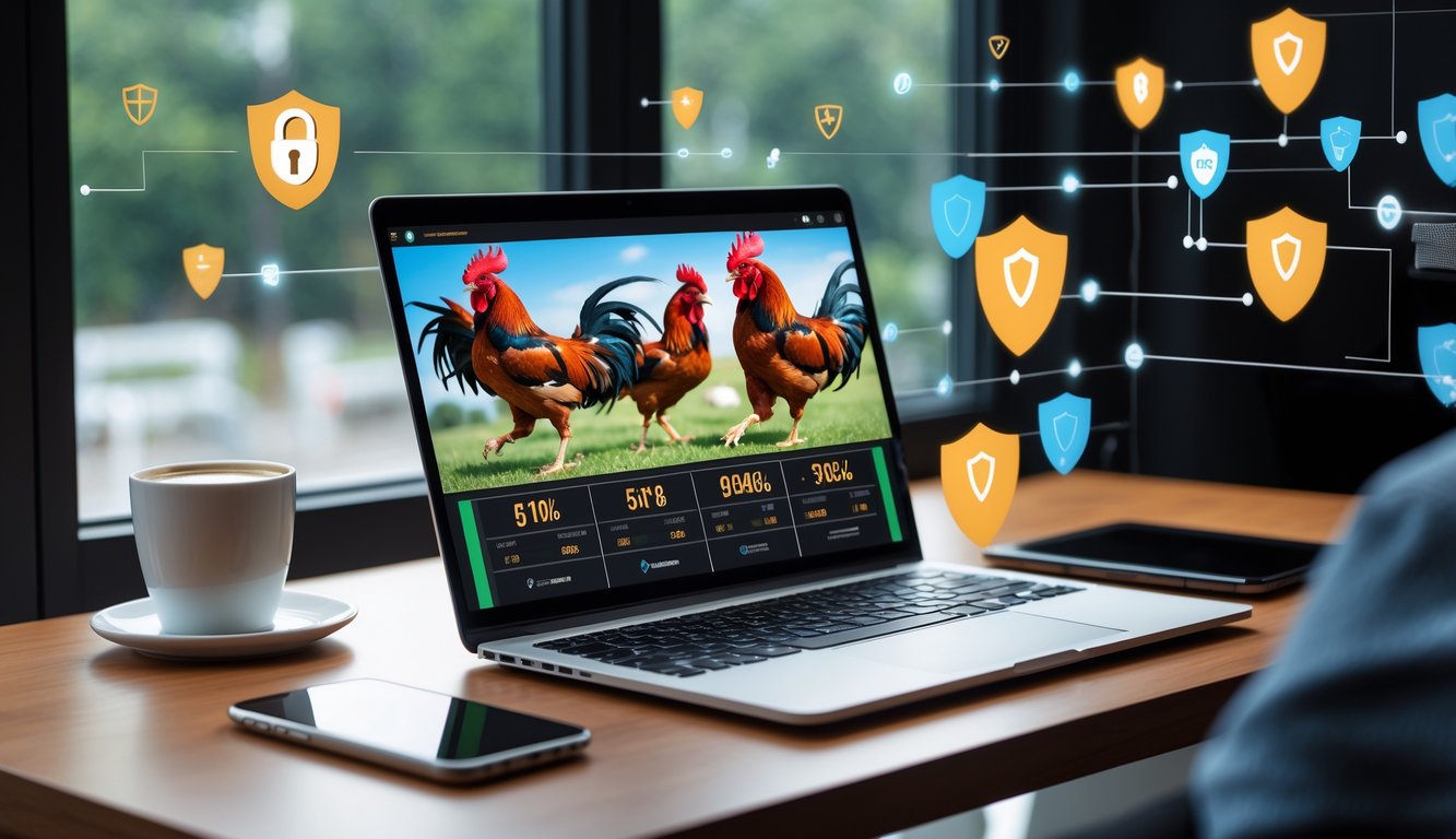 Seorang pengguna duduk di depan laptop dengan tampilan situs sabung ayam online yang aman, di meja terdapat kopi dan ponsel, suasana terang dan nyaman.