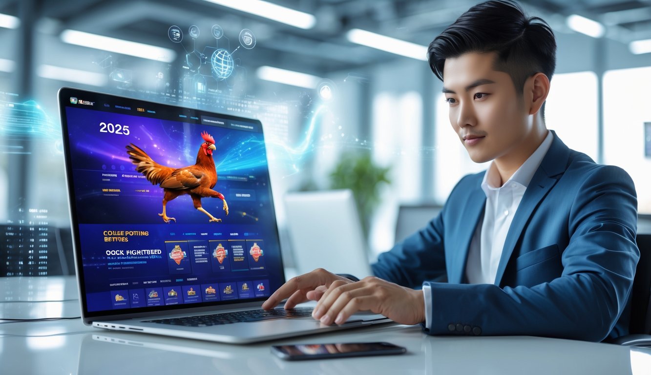 Seorang pria muda menggunakan laptop dan ponsel pintar di kantor modern yang terang, menampilkan platform digital taruhan sabung ayam tahun 2025.