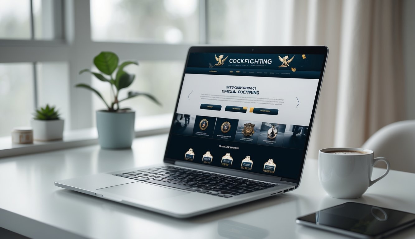 Sebuah meja kerja modern dengan laptop yang menampilkan halaman situs resmi terkait sabung ayam, dikelilingi tanaman dan cangkir kopi.