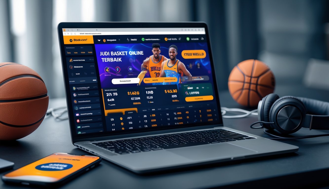 Seorang pria menggunakan laptop dengan tampilan situs taruhan bola basket online, dikelilingi bola basket dan perangkat teknologi di meja kerja.