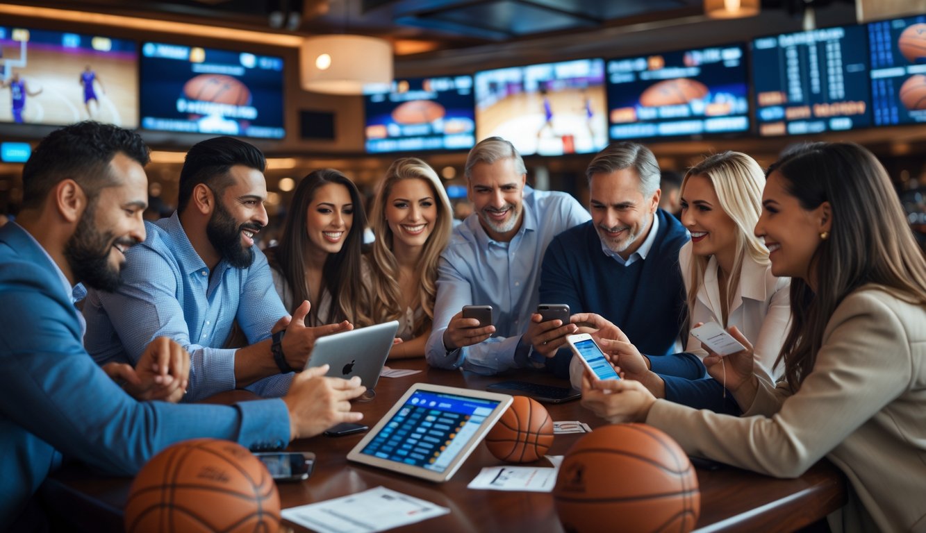 Sekelompok orang sedang berdiskusi dan melihat pertandingan basket di layar televisi di sebuah ruang santai yang modern.