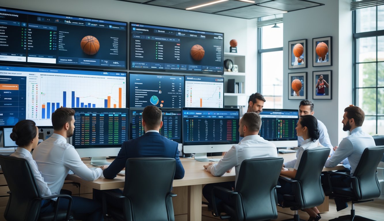 Sekelompok profesional bekerja di kantor modern dengan monitor besar menampilkan statistik dan peluang taruhan bola basket.