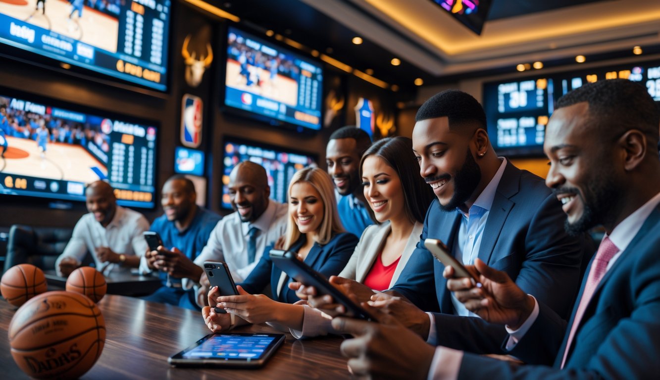 Orang-orang sedang menonton pertandingan NBA dan memasang taruhan di sebuah tempat yang nyaman dengan layar besar.