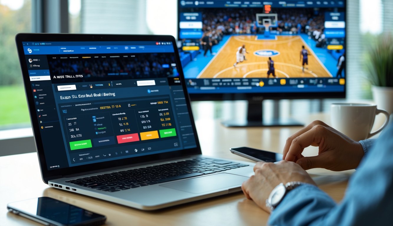 Seseorang menggunakan laptop dan smartphone untuk memasang taruhan bola basket online dengan pertandingan bola basket yang sedang berlangsung di layar televisi di latar belakang.