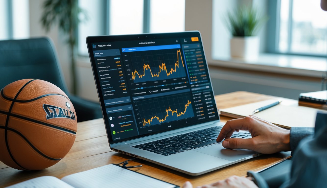 Meja kerja dengan laptop yang menampilkan statistik bola basket, bola basket di sampingnya, dan tangan seseorang sedang menganalisis data.