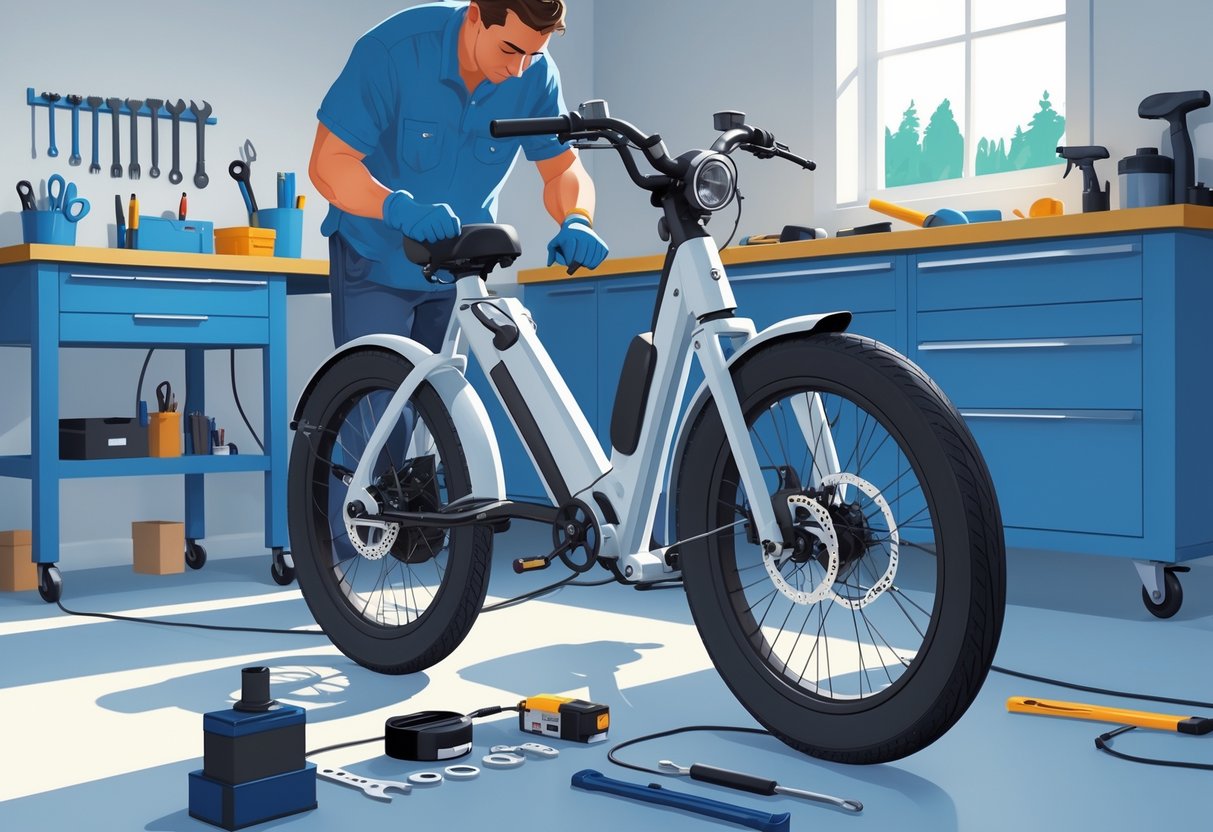 A person maintaining an electric trike in a clean workshop, checking tires, lubricating the chain, and inspecting the battery.