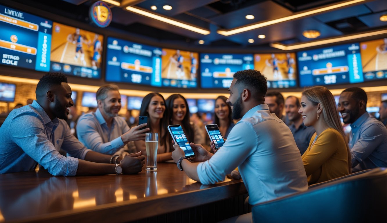 Sekelompok orang sedang menonton pertandingan bola basket secara langsung di sebuah bar modern dengan layar besar dan menggunakan perangkat untuk memasang taruhan.