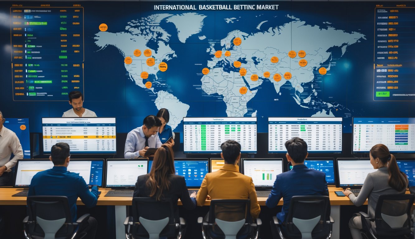 Orang-orang di kantor taruhan basket internasional melihat layar dengan statistik dan peluang pertandingan bola basket.