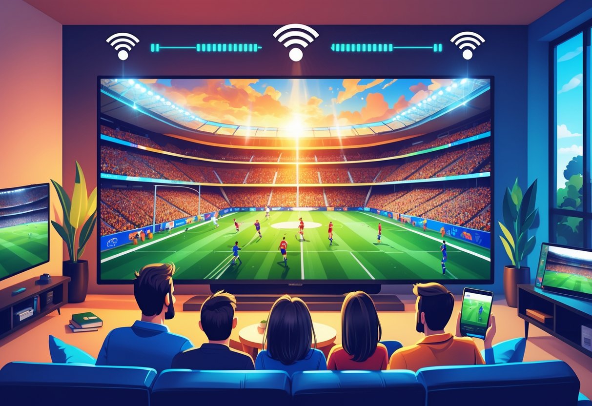Sekelompok orang menonton pertandingan sepak bola langsung di televisi besar dengan suasana ruangan yang nyaman dan perangkat digital di sekitar mereka.