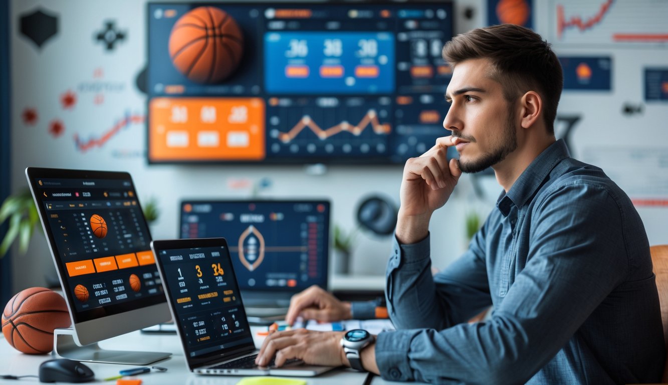 Seorang pria muda duduk di meja dengan laptop dan ponsel yang menampilkan statistik pertandingan bola basket, terlihat fokus menganalisis data dalam ruangan kantor rumah yang modern.