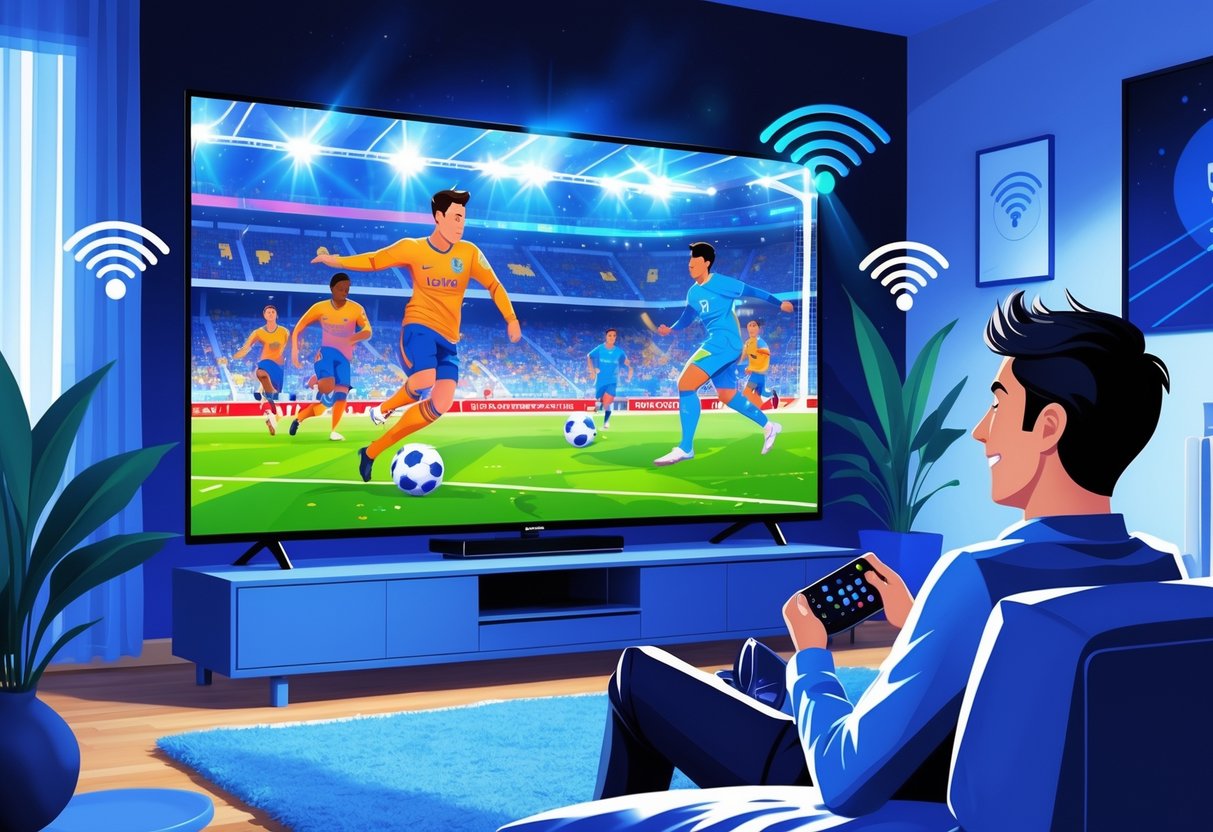 Seorang pria duduk di ruang tamu menonton pertandingan sepak bola langsung di televisi tanpa gangguan buffering.