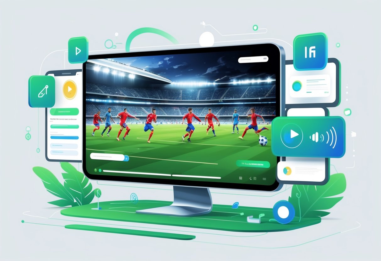 Layar besar menampilkan pertandingan sepak bola langsung dengan pemain yang sedang beraksi, dikelilingi oleh elemen digital yang menunjukkan aplikasi dan situs web streaming yang cepat dan mudah digunakan.