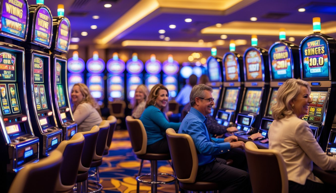 Suasana kasino modern dengan mesin slot berwarna-warni dan pemain yang terlihat senang bermain.