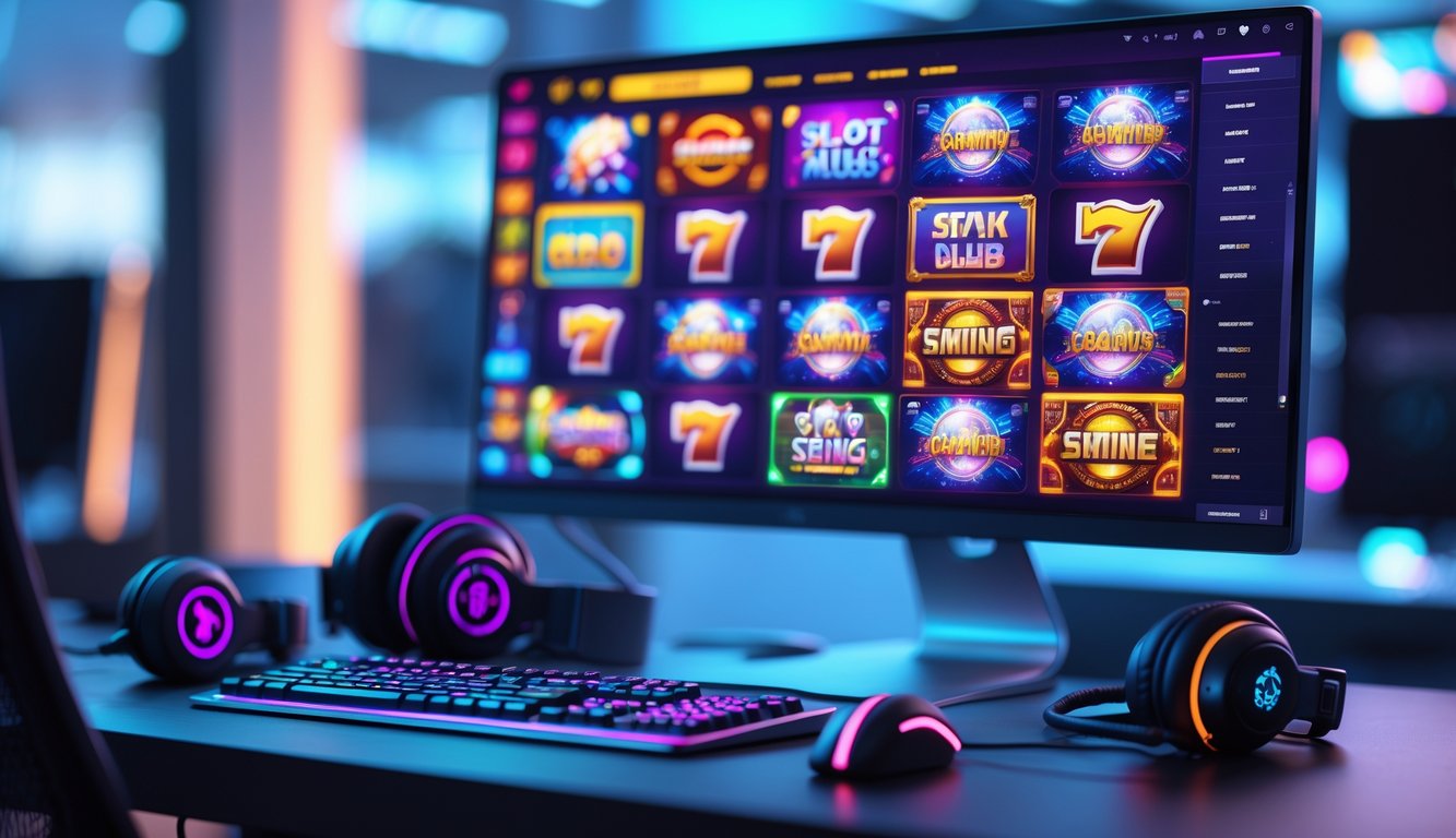 Meja kerja modern dengan komputer yang menampilkan permainan slot online berwarna-warni di layar.