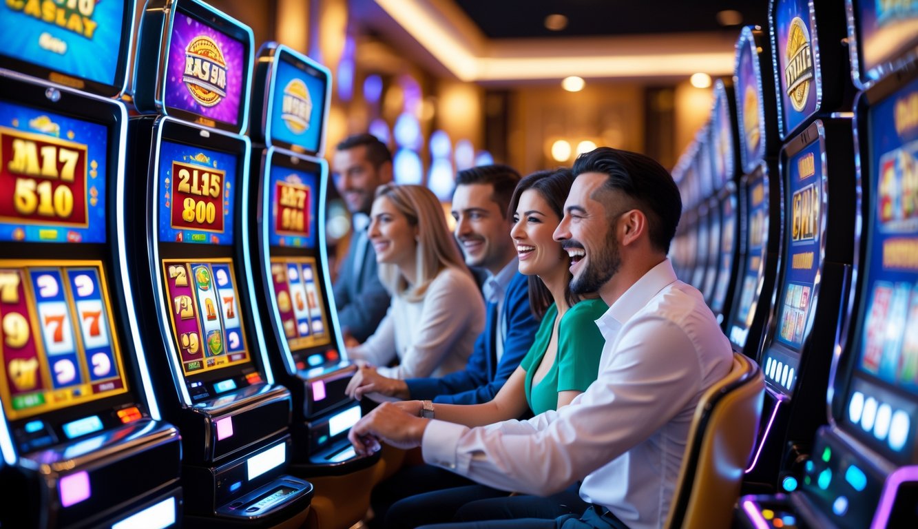 Beberapa orang bermain mesin slot di kasino yang terang dan penuh warna dengan suasana yang menyenangkan dan antusias.
