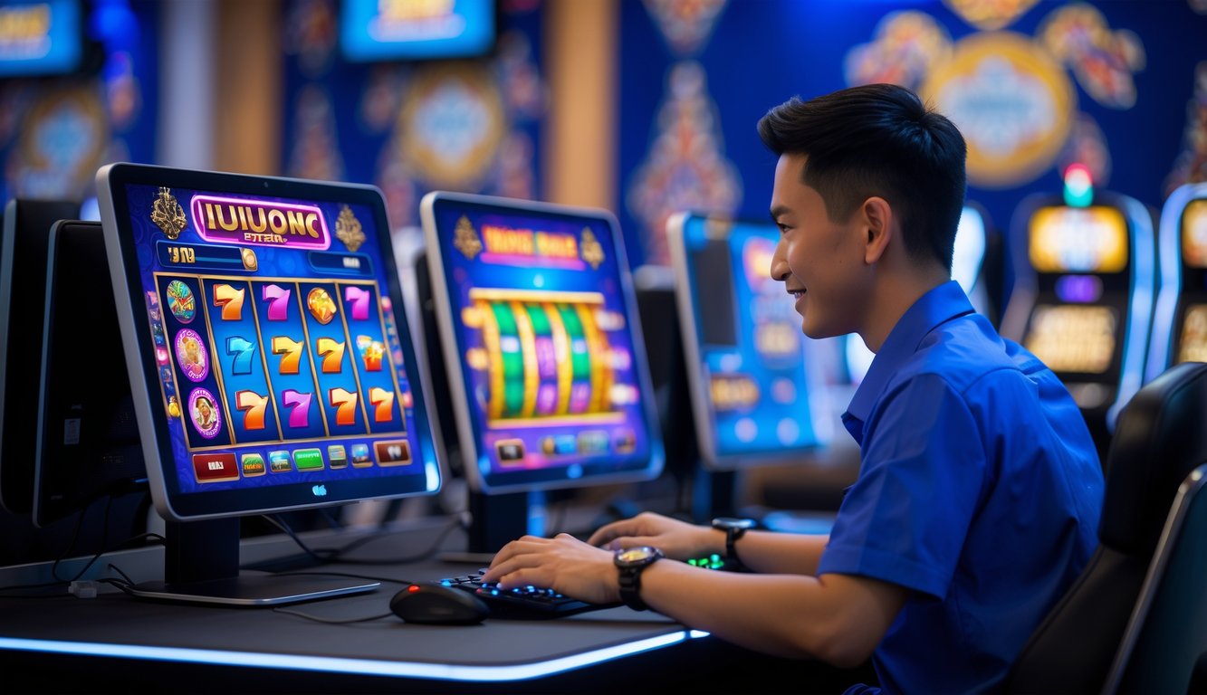 Seorang dewasa muda sedang menggunakan komputer dengan layar menampilkan permainan mesin slot berwarna-warni di lingkungan yang rapi dan modern dengan elemen budaya Indonesia.