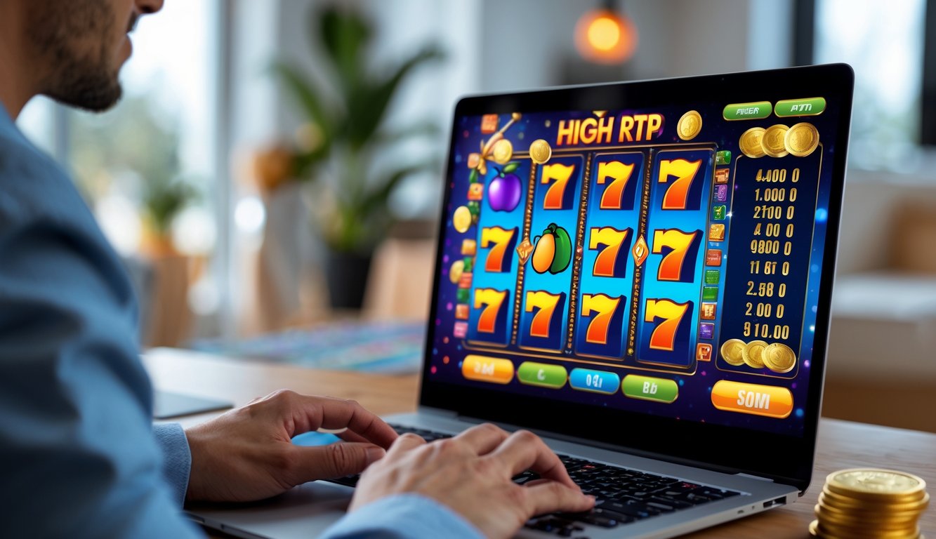 Seorang pengguna bermain mesin slot online di komputer dengan grafik permainan yang berwarna-warni di layar dalam ruangan yang nyaman.