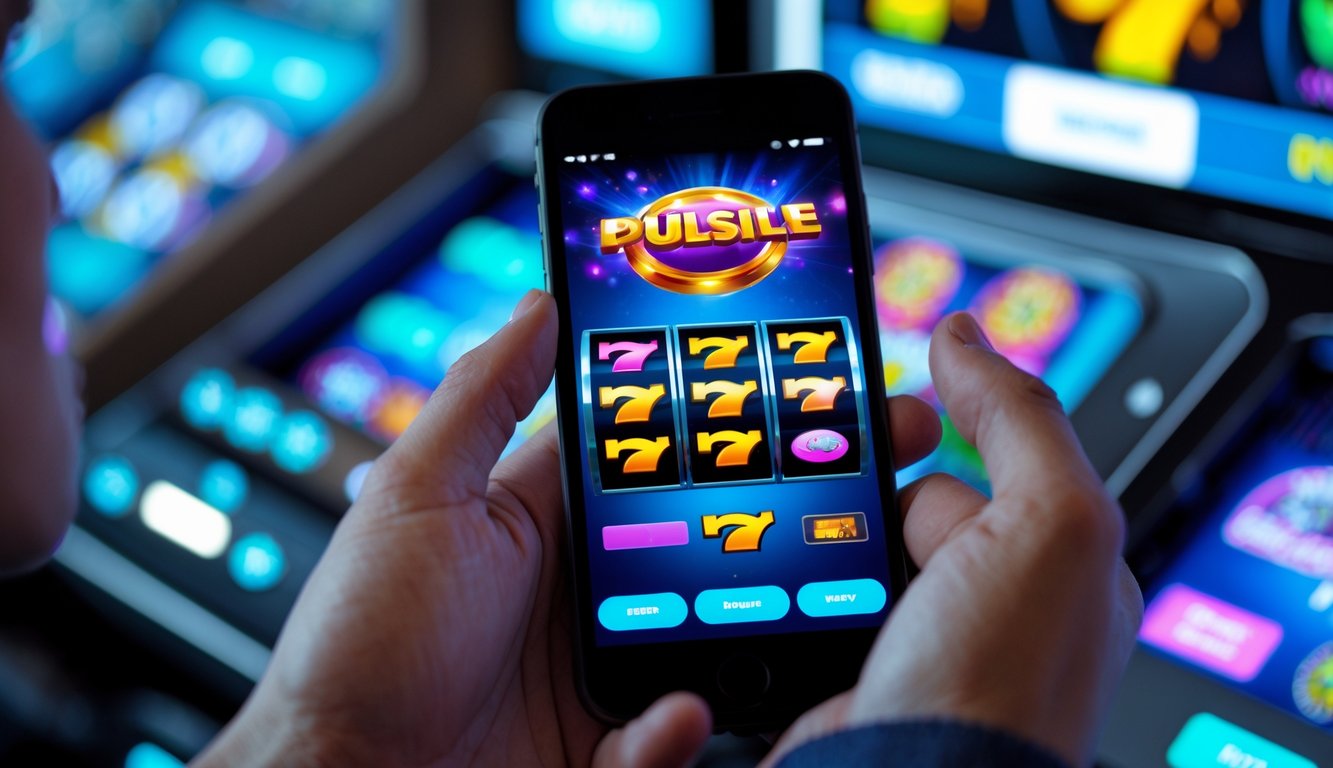 Seorang pengguna memegang ponsel yang menampilkan permainan slot dengan latar belakang simbol pembayaran digital.