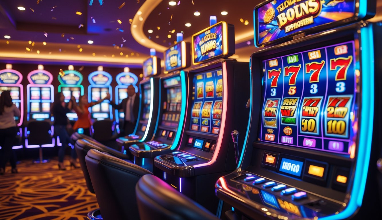 Area mesin slot dengan mesin modern yang menyala dan orang-orang yang terlihat senang merayakan kemenangan.